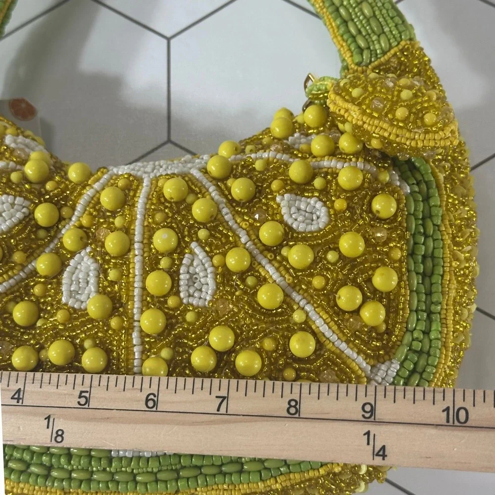 Handcrafted Beaded Lemon Slice Hobo Bag Yellow Green Citrus Fruit Novelty NWT